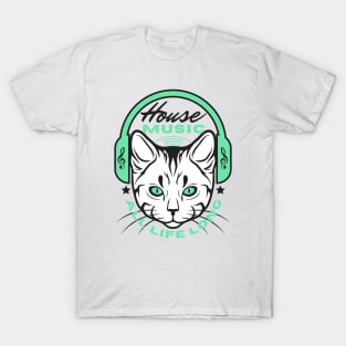 HOUSE MUSIC  - Headphone Cat (Green/Black) T-Shirt